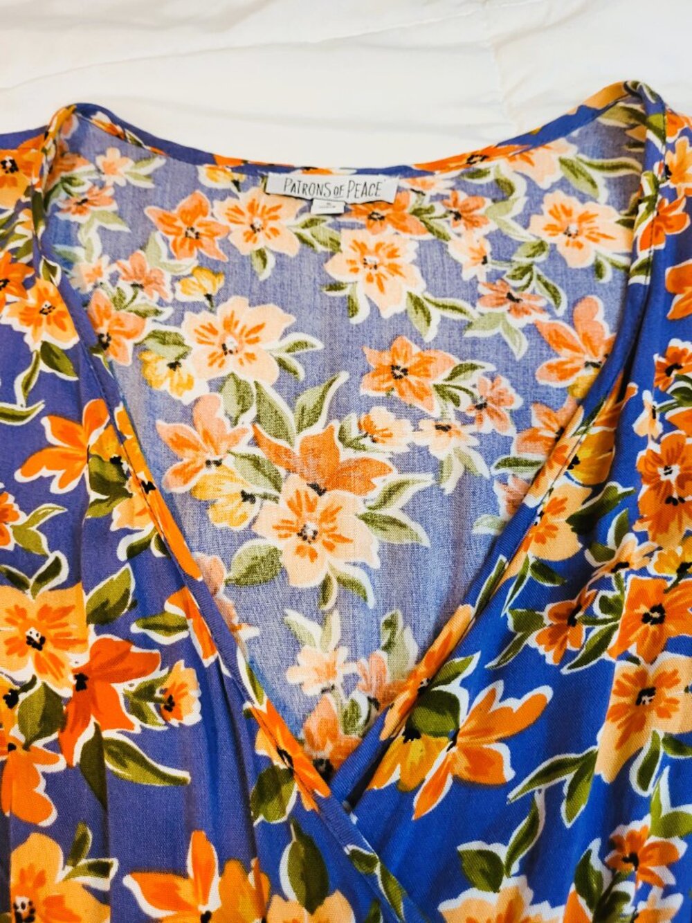 Patrons of Peace Maxi Sundress. Blue, Orange & white Floral. Size Small - Picture 11 of 16